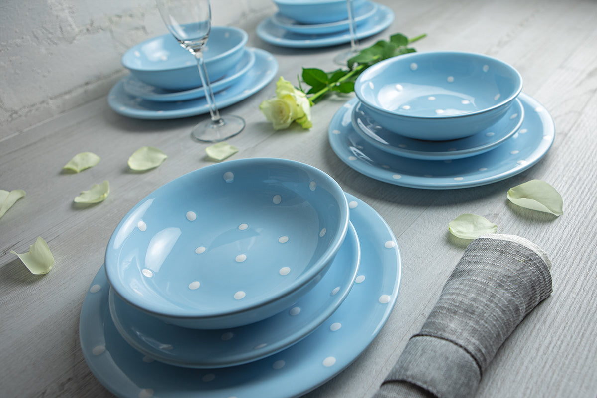 Light Sky Blue and White Polka Dot Spotty Handmade Hand Painted Ceramic 12 piece Dinnerware Service for 4