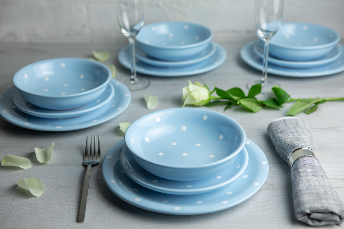 Light Sky Blue and White Polka Dot Spotty Handmade Hand Painted Ceramic 12 piece Dinnerware Service for 4