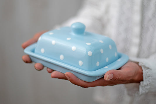 Light Sky Blue And White Polka Dot Spotty Handmade Hand Painted Ceramic Butter Dish With Lid