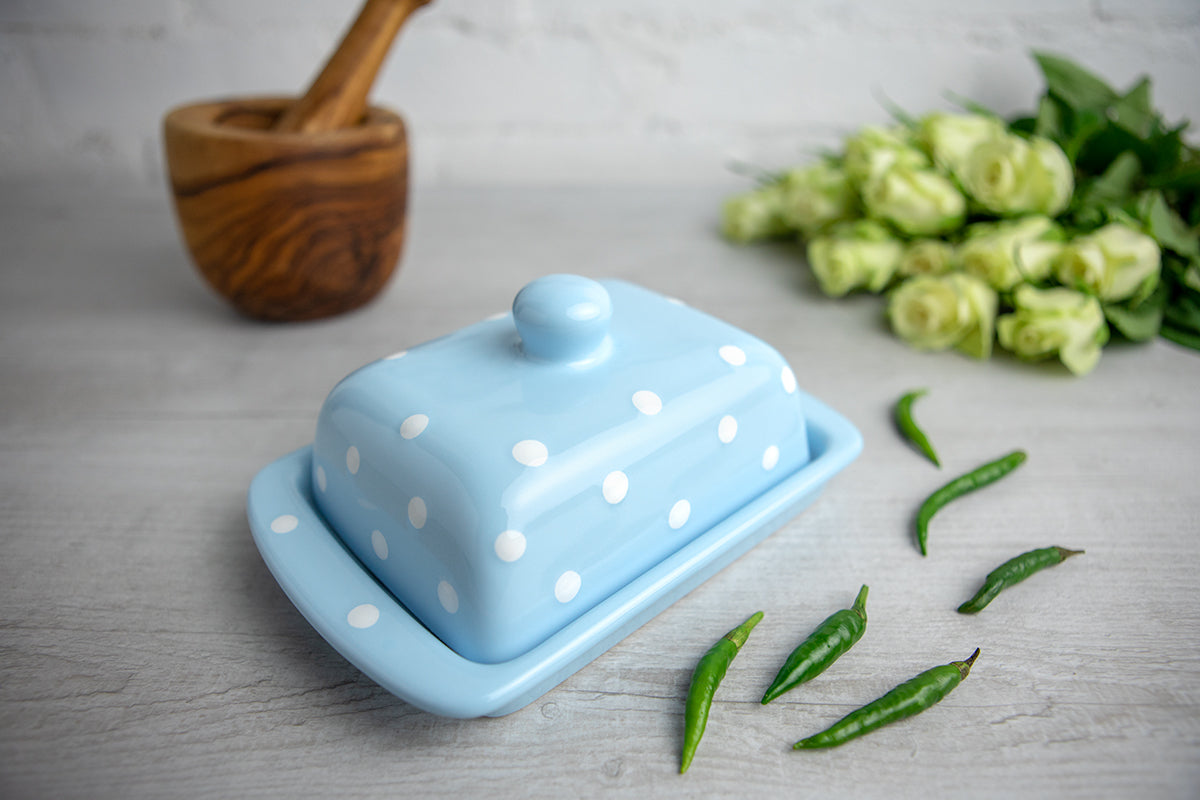 Light Sky Blue And White Polka Dot Spotty Handmade Hand Painted Ceramic Butter Dish With Lid