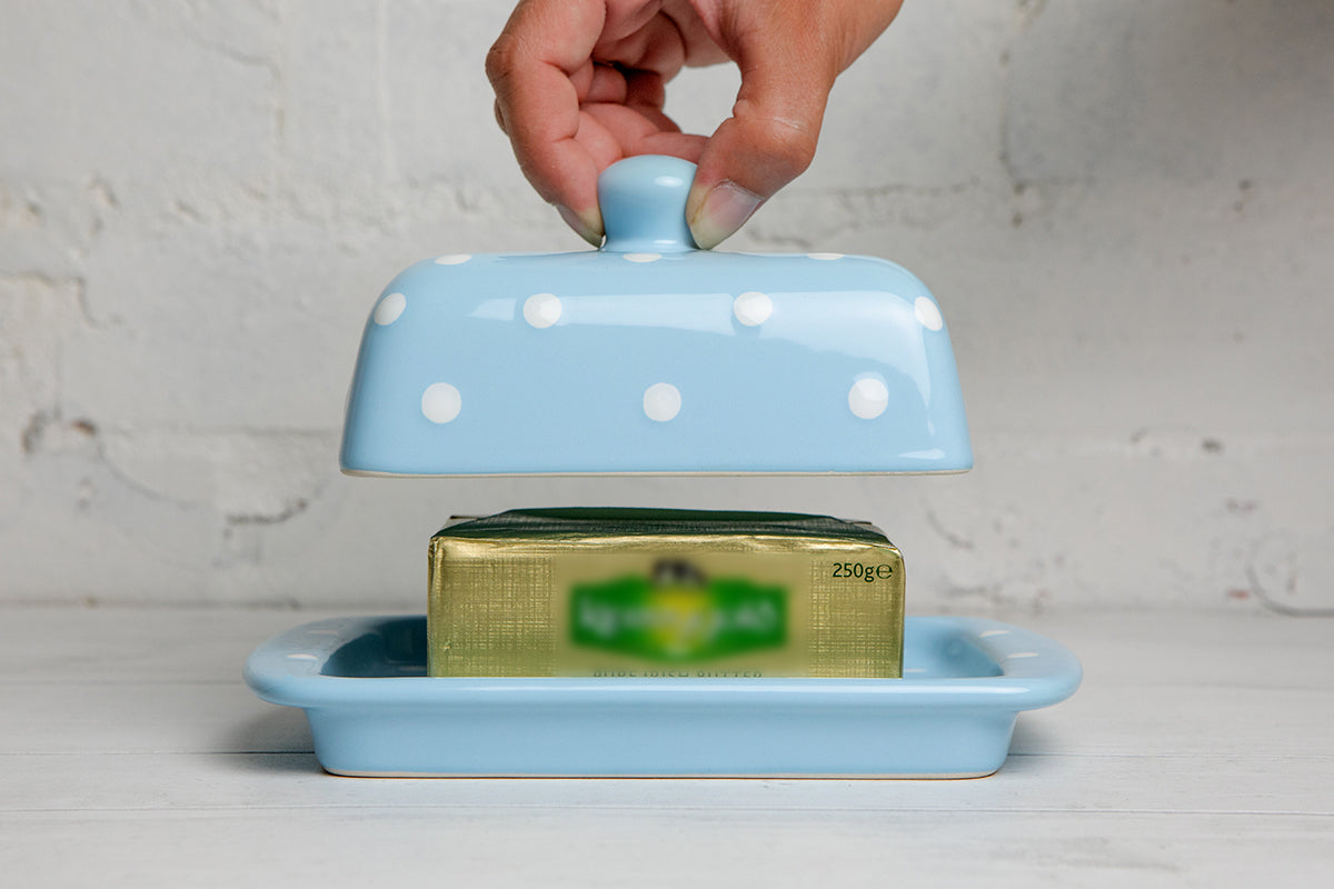 Light Sky Blue And White Polka Dot Spotty Handmade Hand Painted Ceramic Butter Dish With Lid