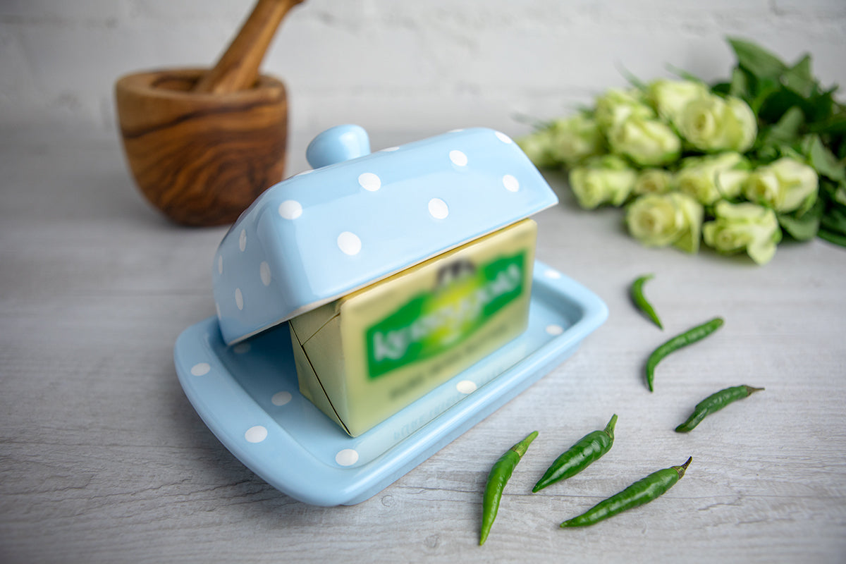 Light Sky Blue And White Polka Dot Spotty Handmade Hand Painted Ceramic Butter Dish With Lid