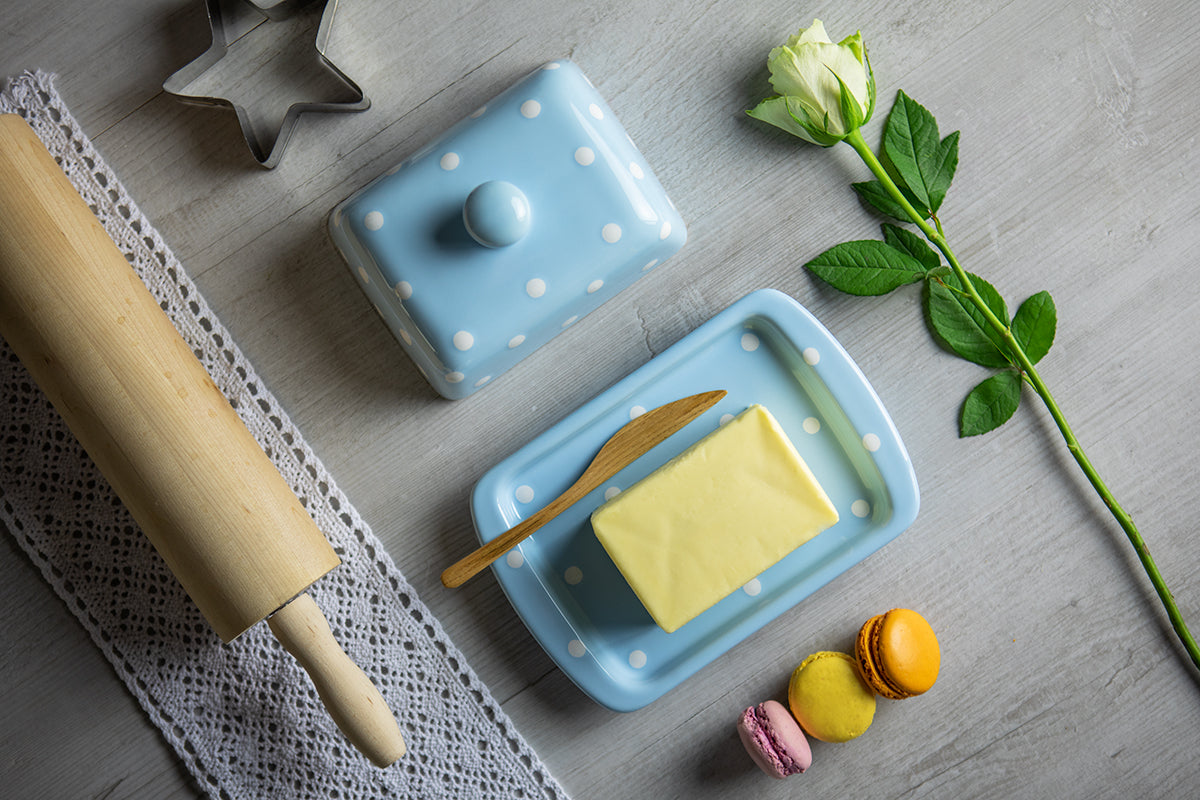 Light Sky Blue And White Polka Dot Spotty Handmade Hand Painted Ceramic Butter Dish With Lid