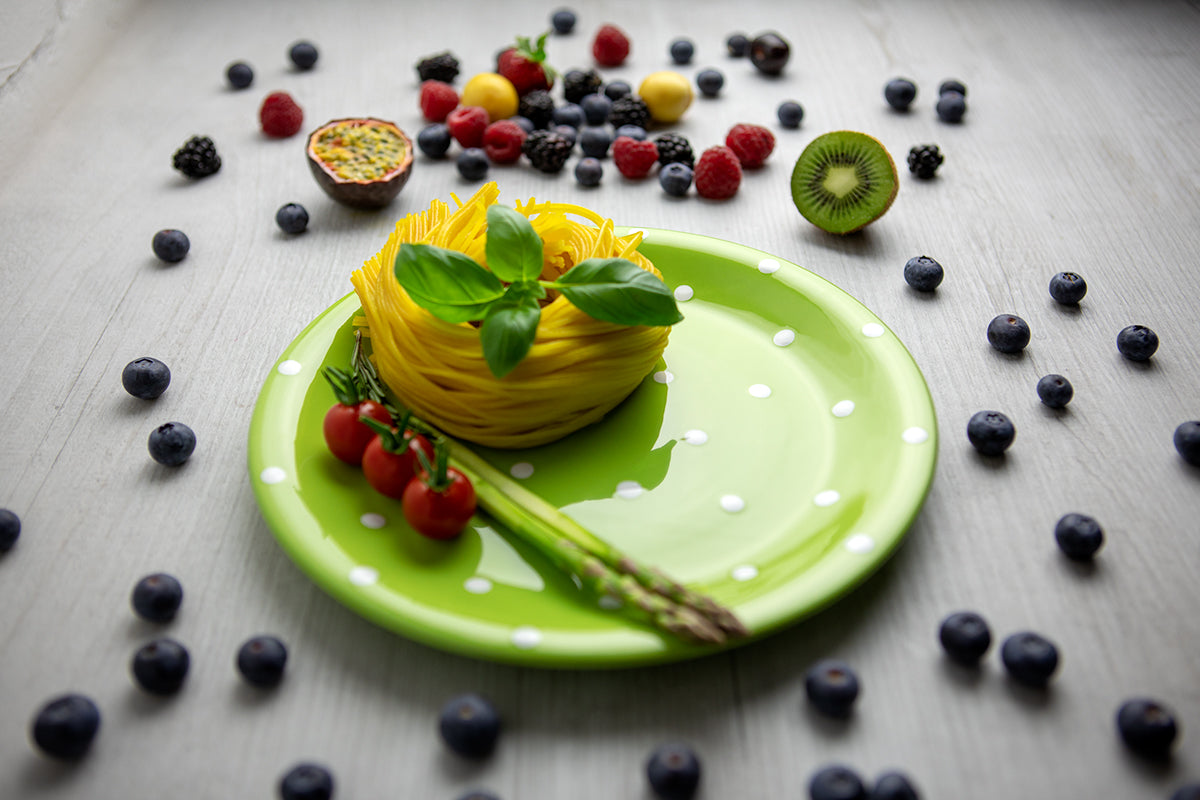Lime Green And White Polka Dot Spotty Handmade Hand Painted Glazed Ceramic Flat Dinner Plate
