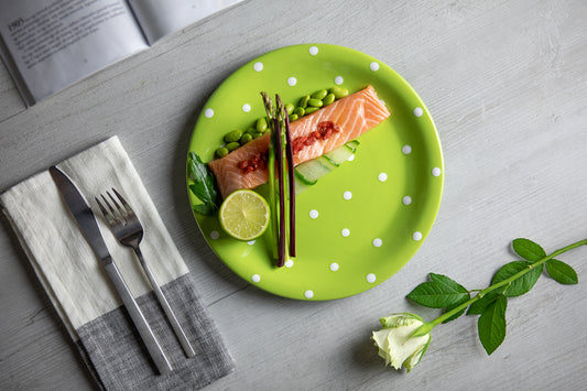 Lime Green And White Polka Dot Spotty Handmade Hand Painted Glazed Ceramic Flat Dinner Plate