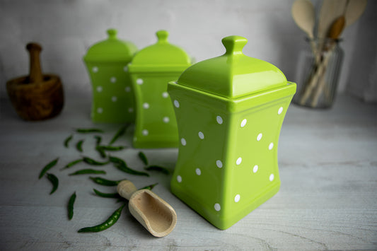 Lime Green and White Polka Dot Pottery Handmade Hand Painted Large Ceramic Kitchen Storage Jar Set Canister Set - Same Size Jars