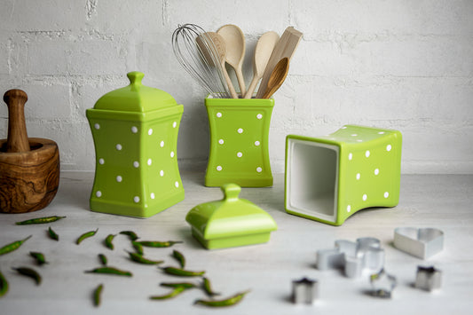 Lime Green and White Polka Dot Pottery Handmade Hand Painted Large Ceramic Kitchen Storage Jar Set Canister Set - Same Size Jars