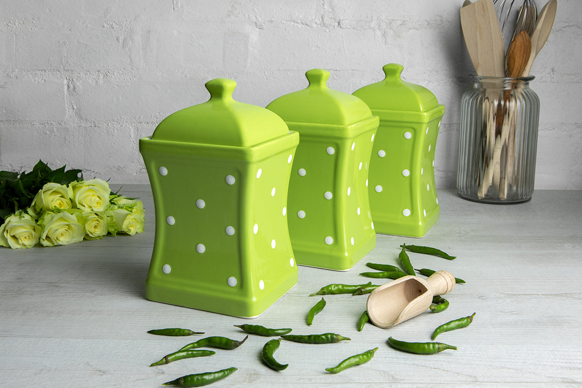 Lime Green and White Polka Dot Pottery Handmade Hand Painted Large Ceramic Kitchen Storage Jar Set Canister Set - Same Size Jars