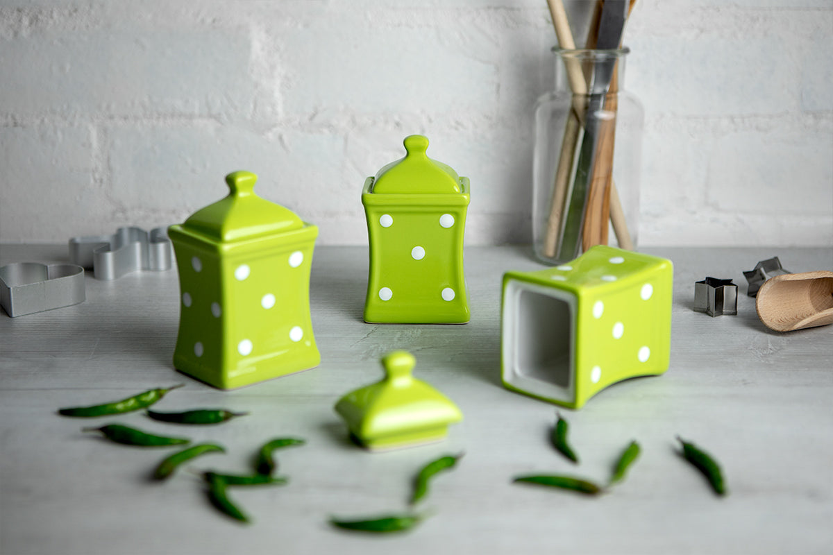 Lime Green and White Polka Dot Pottery Handmade Hand Painted Small Ceramic Kitchen Herb Spice Jars Canister Set - Same Size Jars