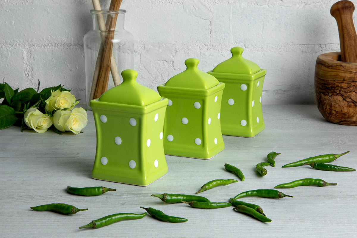 Lime Green and White Polka Dot Pottery Handmade Hand Painted Small Ceramic Kitchen Herb Spice Jars Canister Set - Same Size Jars