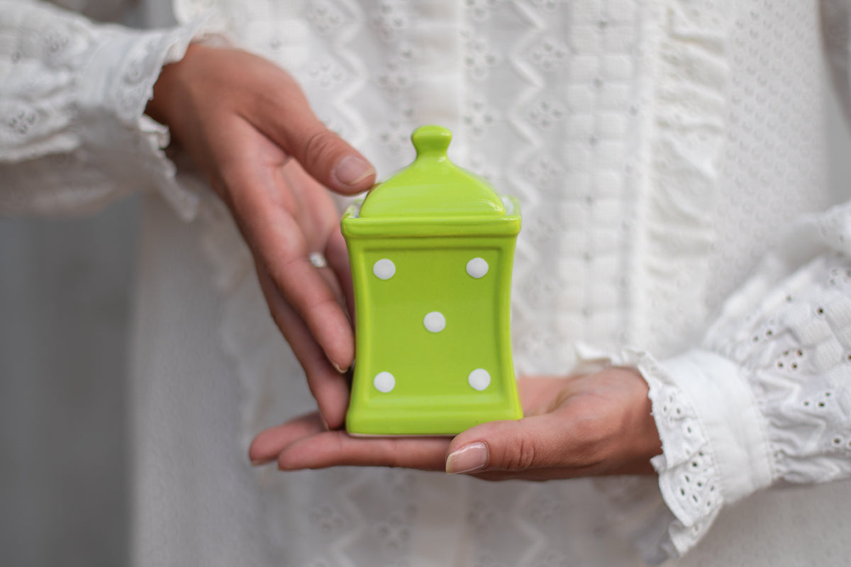 Lime Green and White Polka Dot Pottery Handmade Hand Painted Small Ceramic Kitchen Herb Spice Jars Canister Set - Same Size Jars