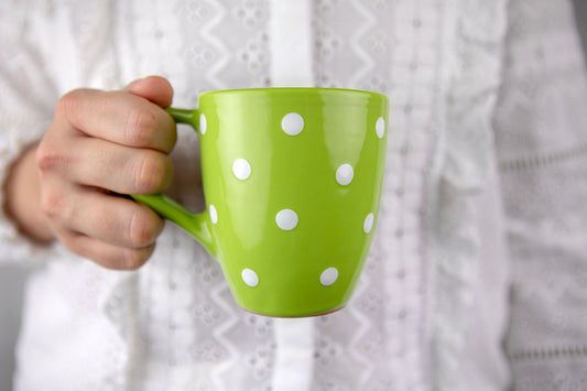 Lime Green and White Polka Dot Spotty Designer Handmade Hand Painted Unique Ceramic 10oz-300ml Coffee Tea Mug with Large Handle