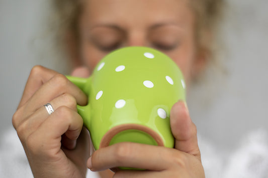 Lime Green and White Polka Dot Spotty Designer Handmade Hand Painted Unique Ceramic 10oz-300ml Coffee Tea Mug with Large Handle