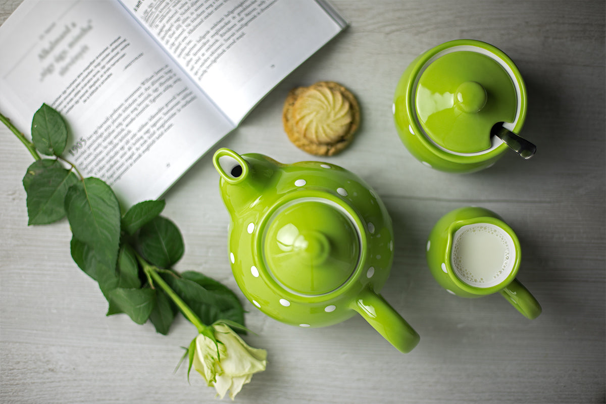 Lime Green and White Polka Dot Pottery Handmade Hand Painted Ceramic Teapot Milk Jug Sugar Bowl Set