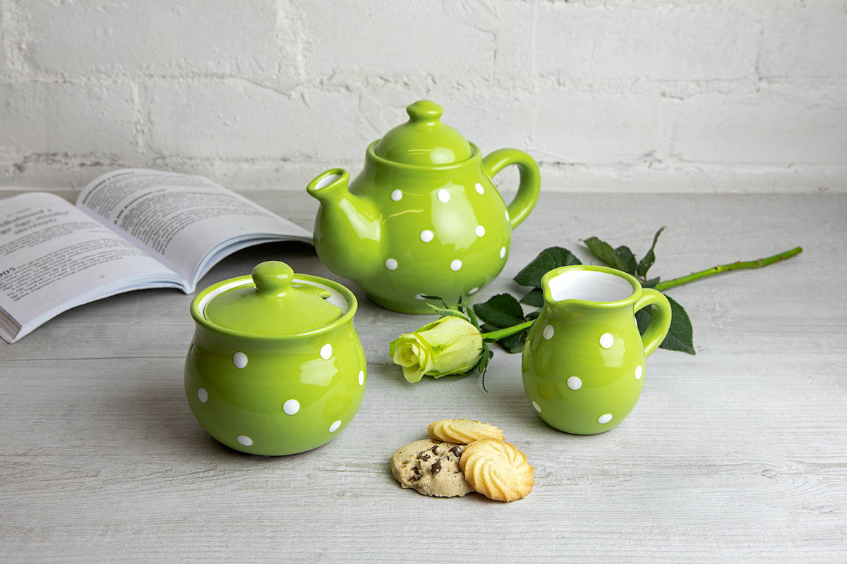 Lime Green and White Polka Dot Pottery Handmade Hand Painted Ceramic Teapot Milk Jug Sugar Bowl Set