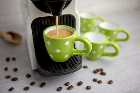 Lime Green and White Polka Dot Spotty Designer Handmade Hand Painted Unique Ceramic 2oz-60ml Espresso Coffee Cup Set of 4