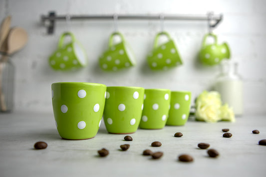 Lime Green and White Polka Dot Spotty Designer Handmade Hand Painted Unique Ceramic 2oz-60ml Espresso Coffee Cup Set of 4