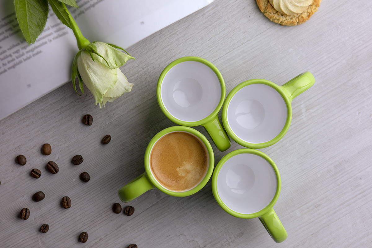Lime Green and White Polka Dot Spotty Designer Handmade Hand Painted Unique Ceramic 2oz-60ml Espresso Coffee Cup Set of 4