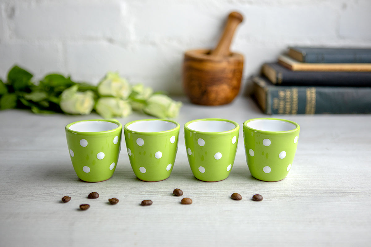 Lime Green and White Polka Dot Spotty Designer Handmade Hand Painted Unique Ceramic 2oz-60ml Espresso Coffee Cup Set of 4