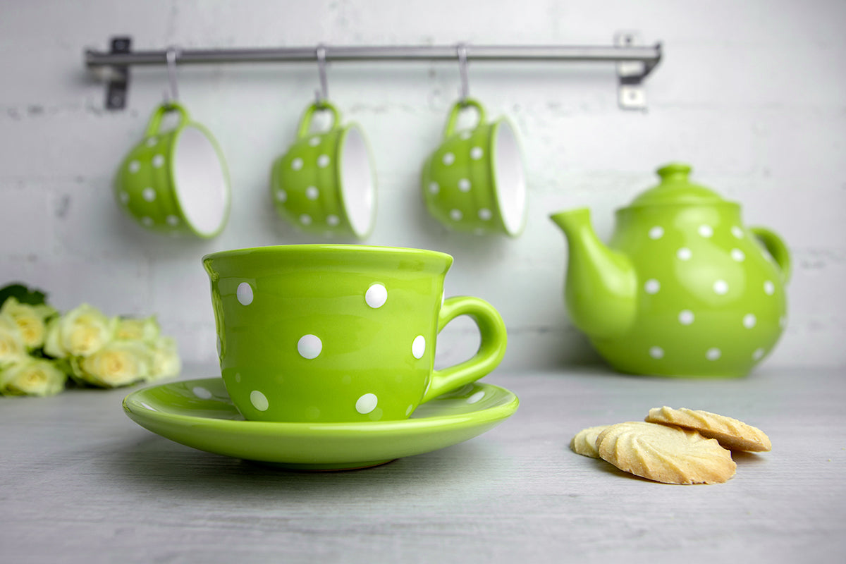 Lime Green and White Polka Dot Spotty Designer Handmade Hand Painted Ceramic 9oz-250ml Cappuccino Coffee Tea Cup with Saucer