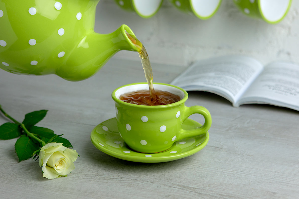Lime Green and White Polka Dot Spotty Designer Handmade Hand Painted Ceramic 9oz-250ml Cappuccino Coffee Tea Cup with Saucer