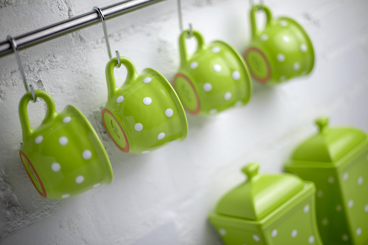 Lime Green and White Polka Dot Spotty Designer Handmade Hand Painted Ceramic 9oz-250ml Cappuccino Coffee Tea Cup with Saucer