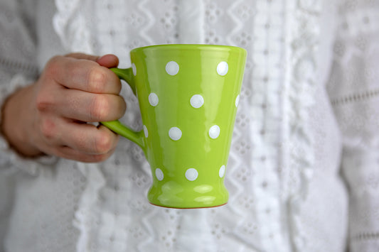 Lime Green and White Polka Dot Spotty Handmade Hand Painted Ceramic Coffee Tea Latte Mug with Large Handle 8 oz - 220 ml
