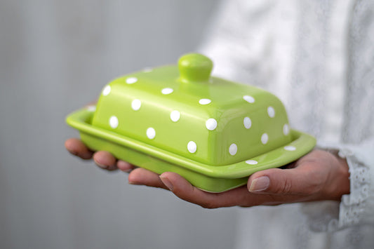 Lime Green and White Polka Dot Spotty Handmade Hand Painted Ceramic Butter Dish With Lid