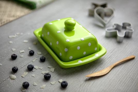 Lime Green and White Polka Dot Spotty Handmade Hand Painted Ceramic Butter Dish With Lid