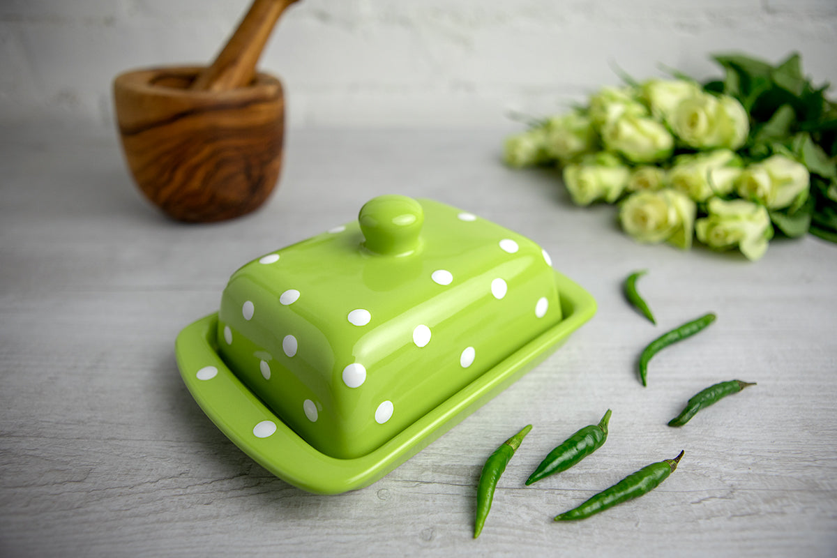 Lime Green and White Polka Dot Spotty Handmade Hand Painted Ceramic Butter Dish With Lid
