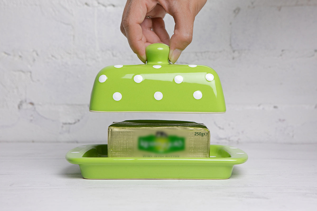 Lime Green and White Polka Dot Spotty Handmade Hand Painted Ceramic Butter Dish With Lid