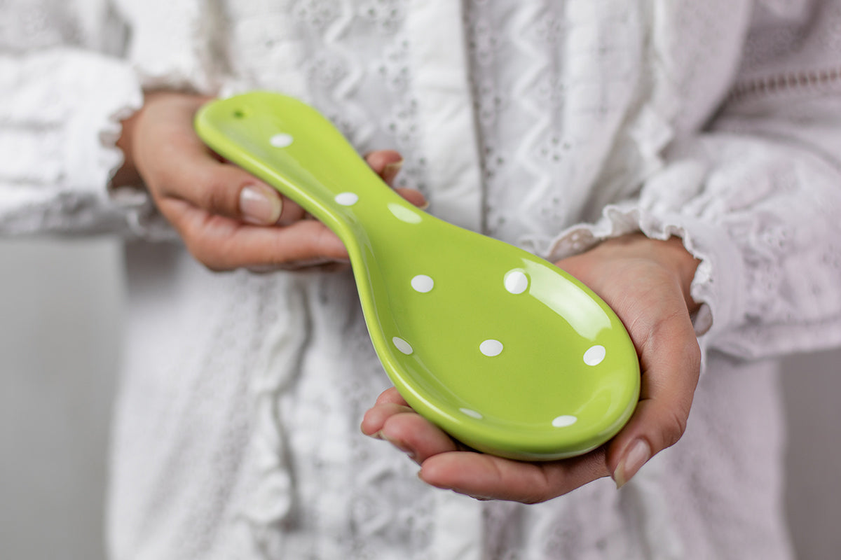 Lime Green And White Polka Dot Spotty Handmade Hand Painted Ceramic Kitchen Cooking Spoon Rest
