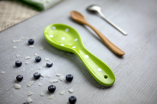 Lime Green And White Polka Dot Spotty Handmade Hand Painted Ceramic Kitchen Cooking Spoon Rest