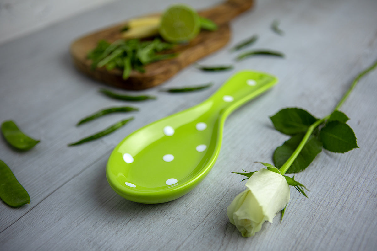 Lime Green And White Polka Dot Spotty Handmade Hand Painted Ceramic Kitchen Cooking Spoon Rest