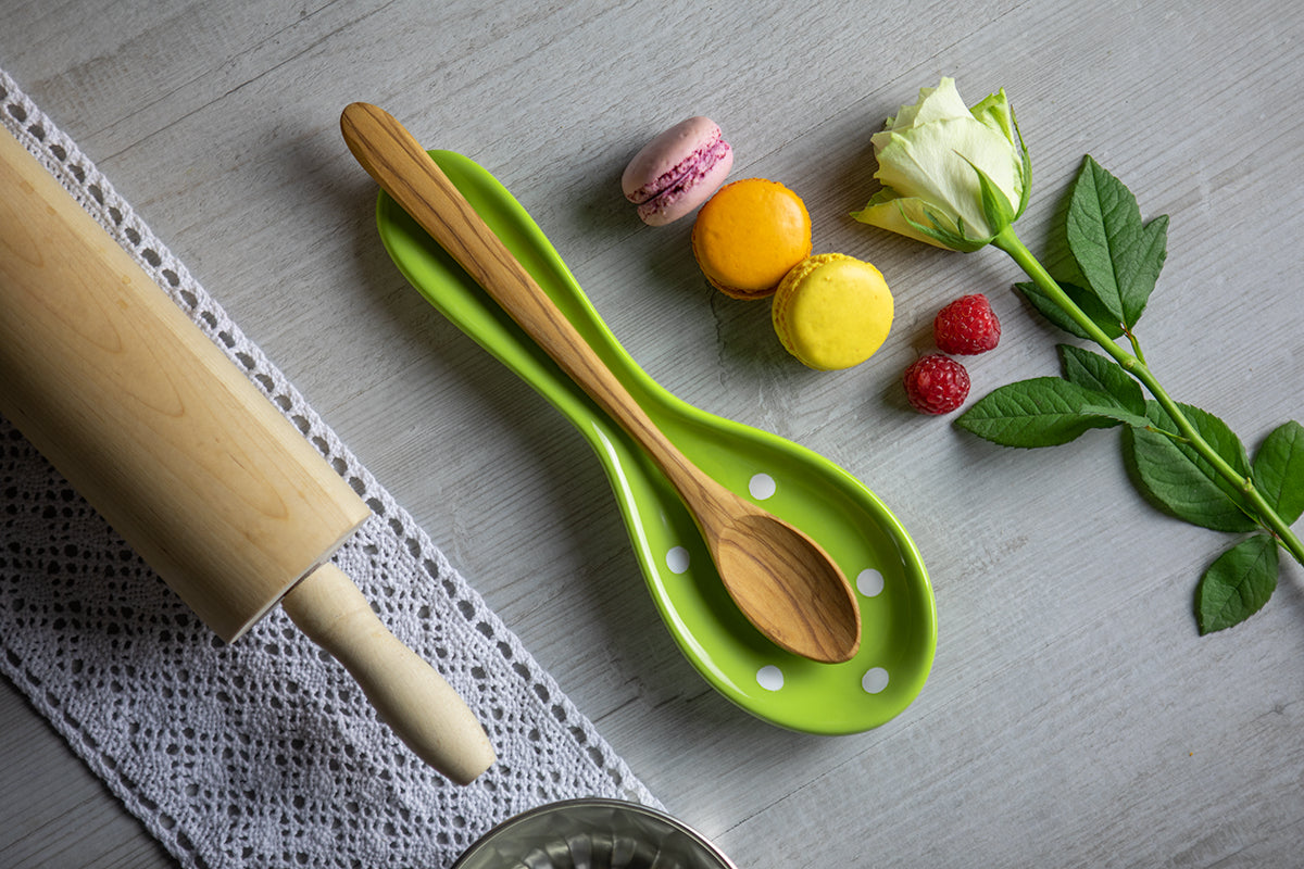 Lime Green And White Polka Dot Spotty Handmade Hand Painted Ceramic Kitchen Cooking Spoon Rest