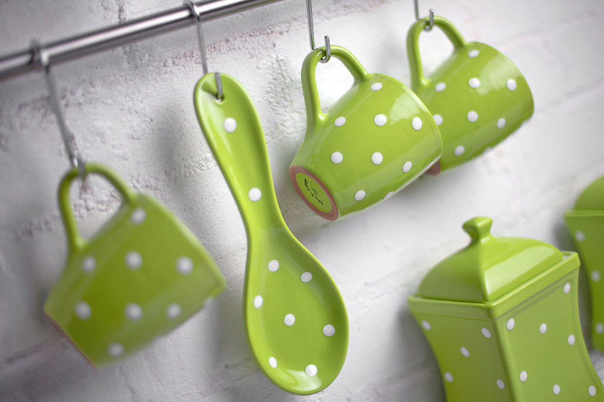 Lime Green And White Polka Dot Spotty Handmade Hand Painted Ceramic Kitchen Cooking Spoon Rest