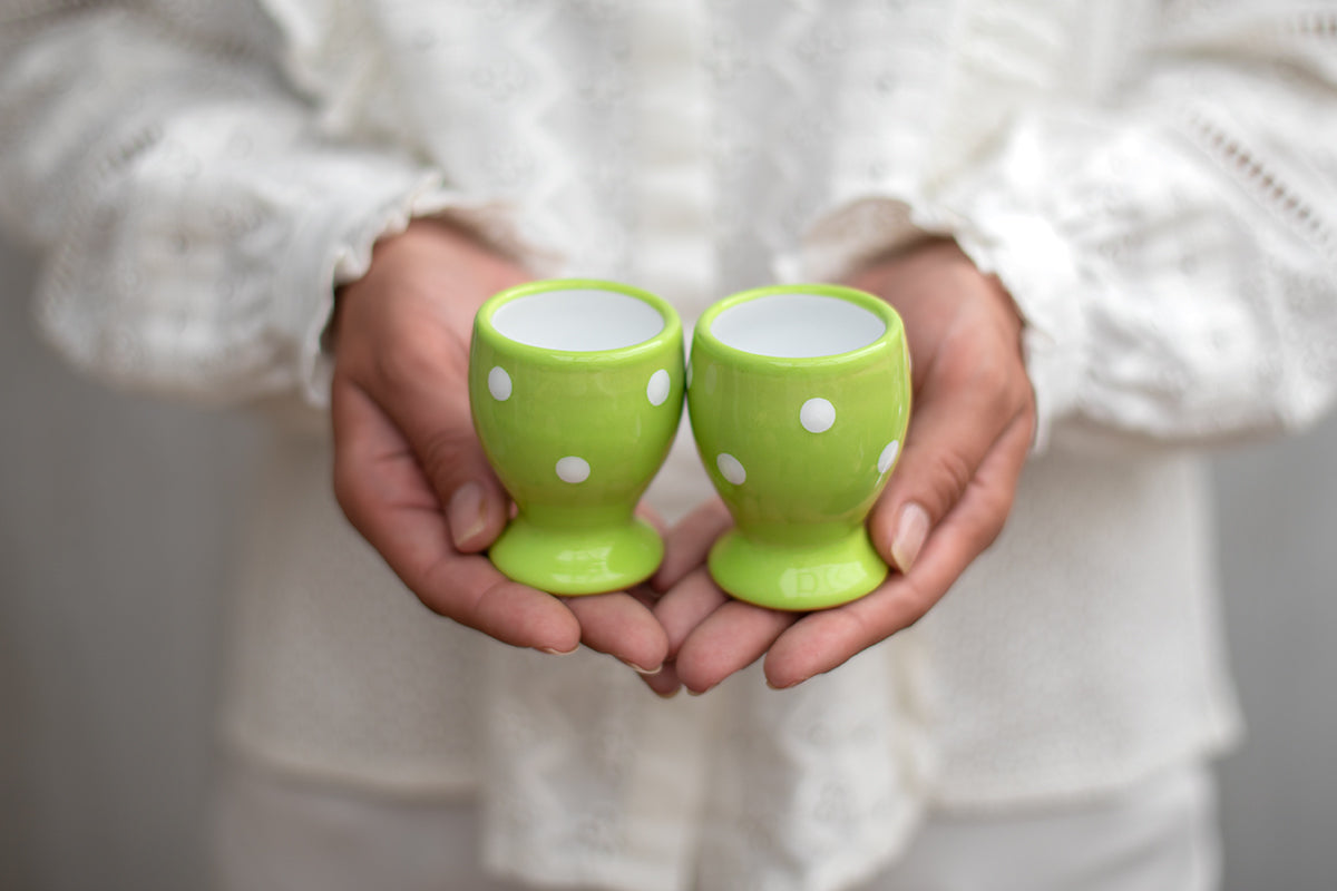 Lime Green and White Polka Dot Spotty Handmade Hand Painted Ceramic Kitchen Serving Storage Set of 10