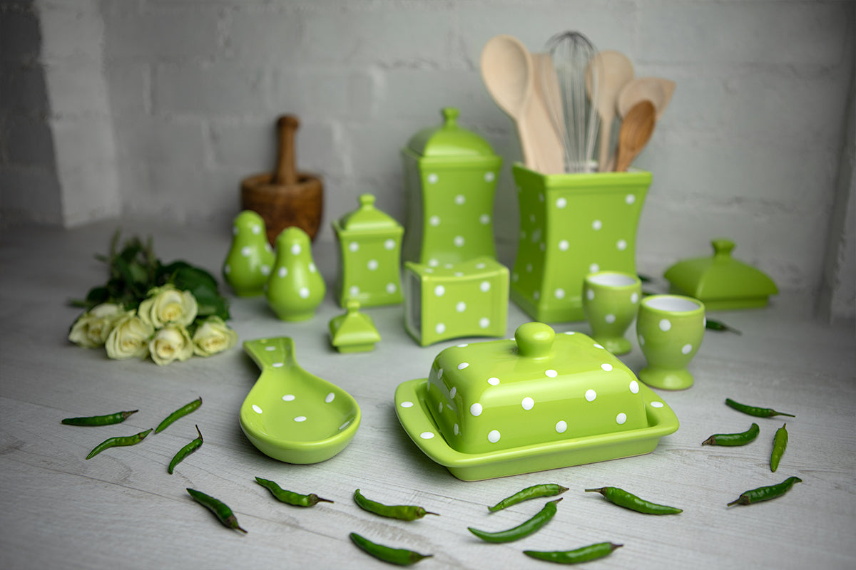 Lime Green and White Polka Dot Spotty Handmade Hand Painted Ceramic Kitchen Serving Storage Set of 10