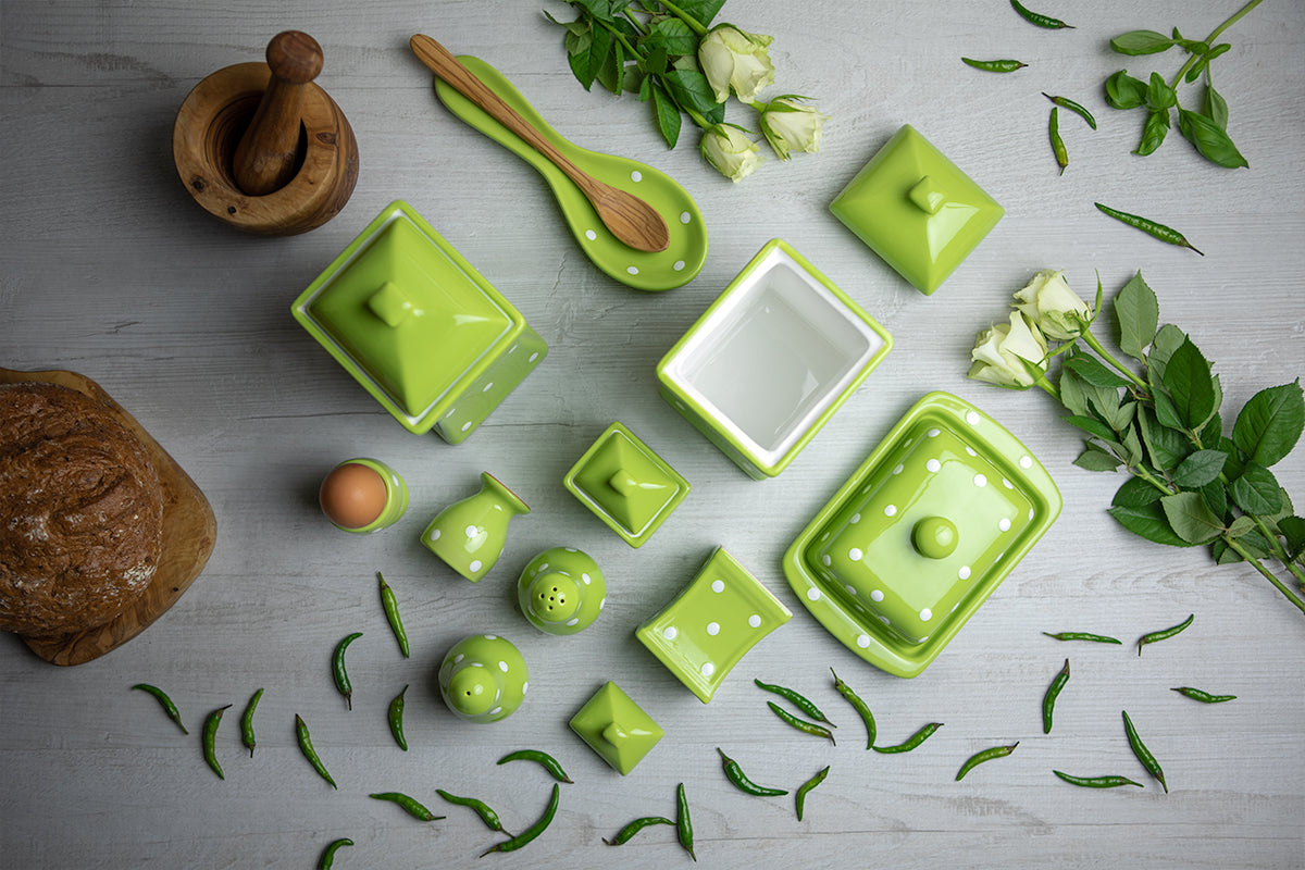 Lime Green and White Polka Dot Spotty Handmade Hand Painted Ceramic Kitchen Serving Storage Set of 10
