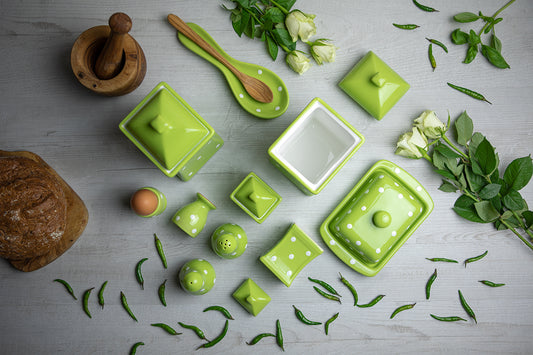 Lime Green and White Polka Dot Spotty Handmade Hand Painted Ceramic Kitchen Serving Storage Set of 10