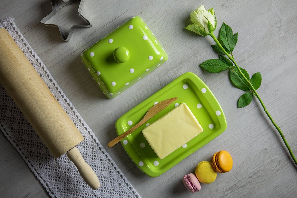 Lime Green and White Polka Dot Spotty Handmade Hand Painted Ceramic Kitchen Serving Storage Set of 10