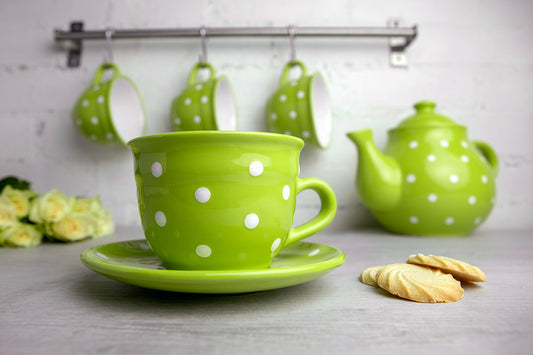 Lime Green and White Polka Dot Spotty Handmade Hand Painted Large Unique Ceramic 12oz-350ml Cappuccino Coffee Tea Cup with Saucer