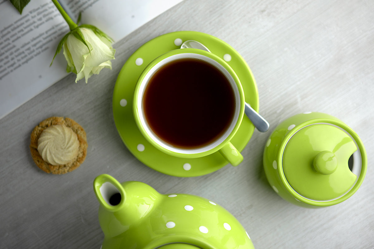 Lime Green and White Polka Dot Spotty Handmade Hand Painted Large Unique Ceramic 12oz-350ml Cappuccino Coffee Tea Cup with Saucer