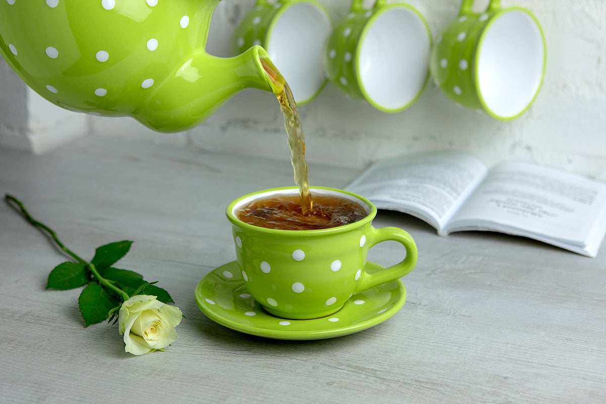 Lime Green and White Polka Dot Spotty Handmade Hand Painted Large Unique Ceramic 12oz-350ml Cappuccino Coffee Tea Cup with Saucer