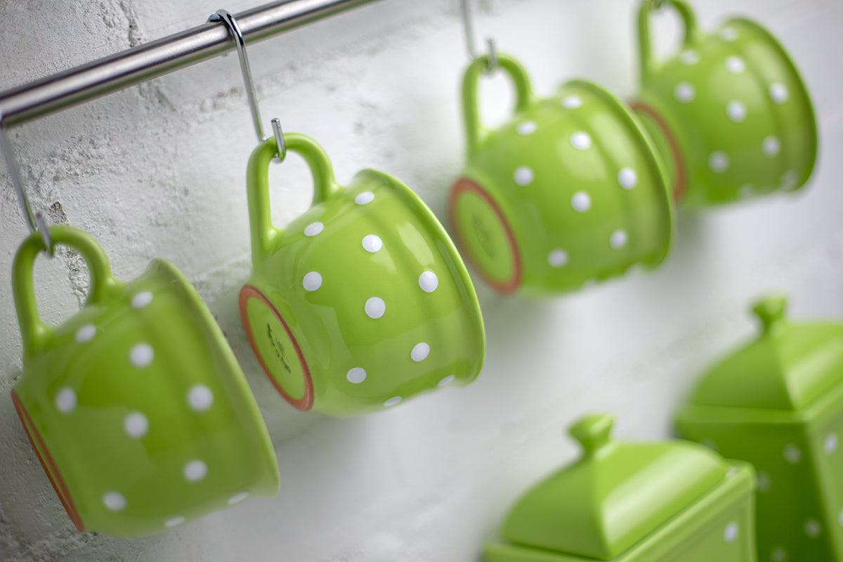Lime Green and White Polka Dot Spotty Handmade Hand Painted Large Unique Ceramic 12oz-350ml Cappuccino Coffee Tea Cup with Saucer