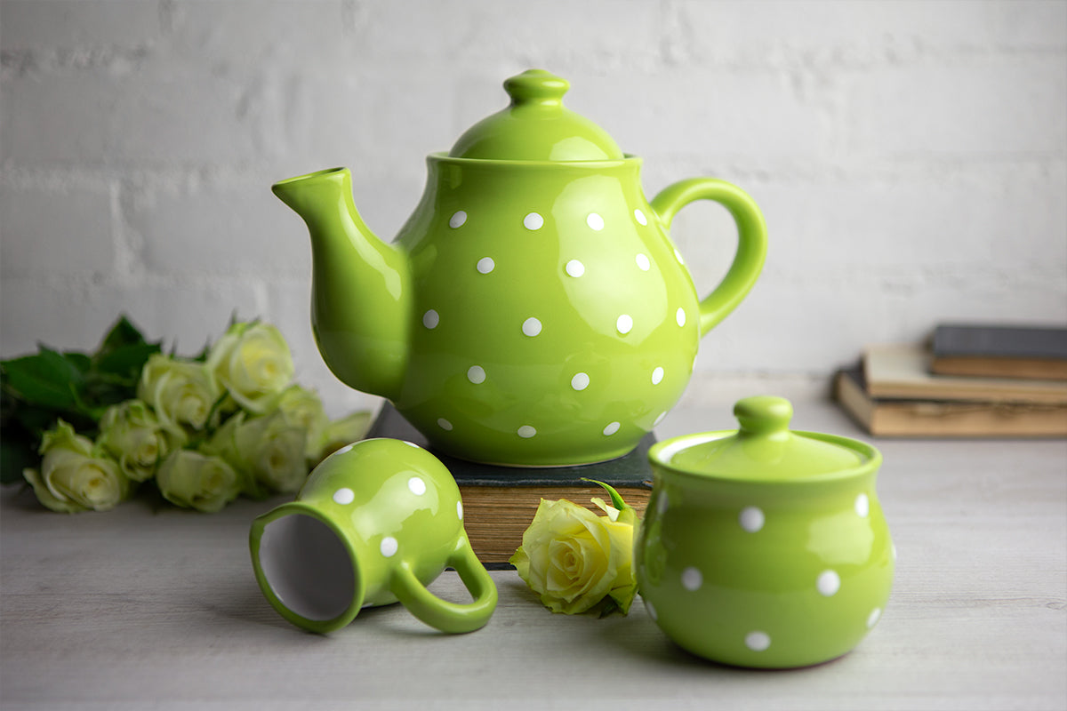 Lime Green And White Polka Dot Spotty Handmade Hand Painted Ceramic Large Teapot Milk Jug Sugar Bowl Set