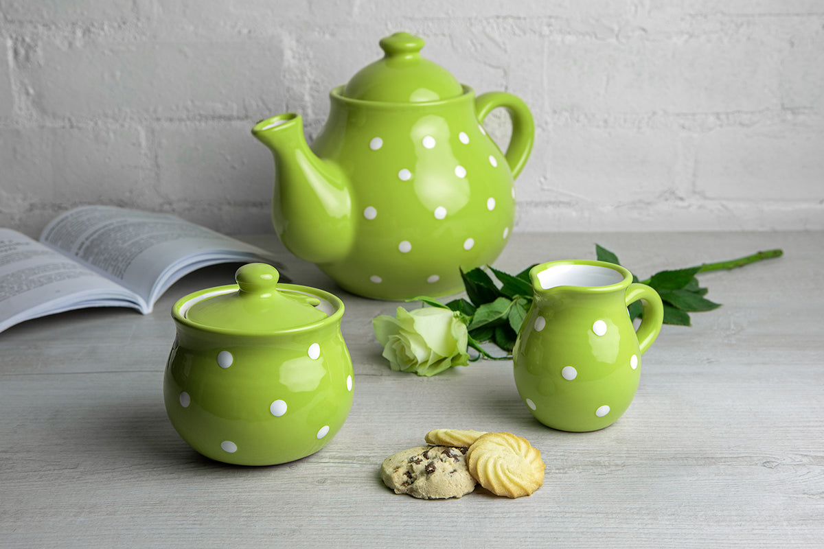 Lime Green And White Polka Dot Spotty Handmade Hand Painted Ceramic Large Teapot Milk Jug Sugar Bowl Set