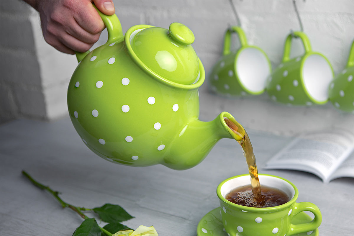Lime Green And White Polka Dot Spotty Handmade Hand Painted Ceramic Large Teapot Milk Jug Sugar Bowl Set