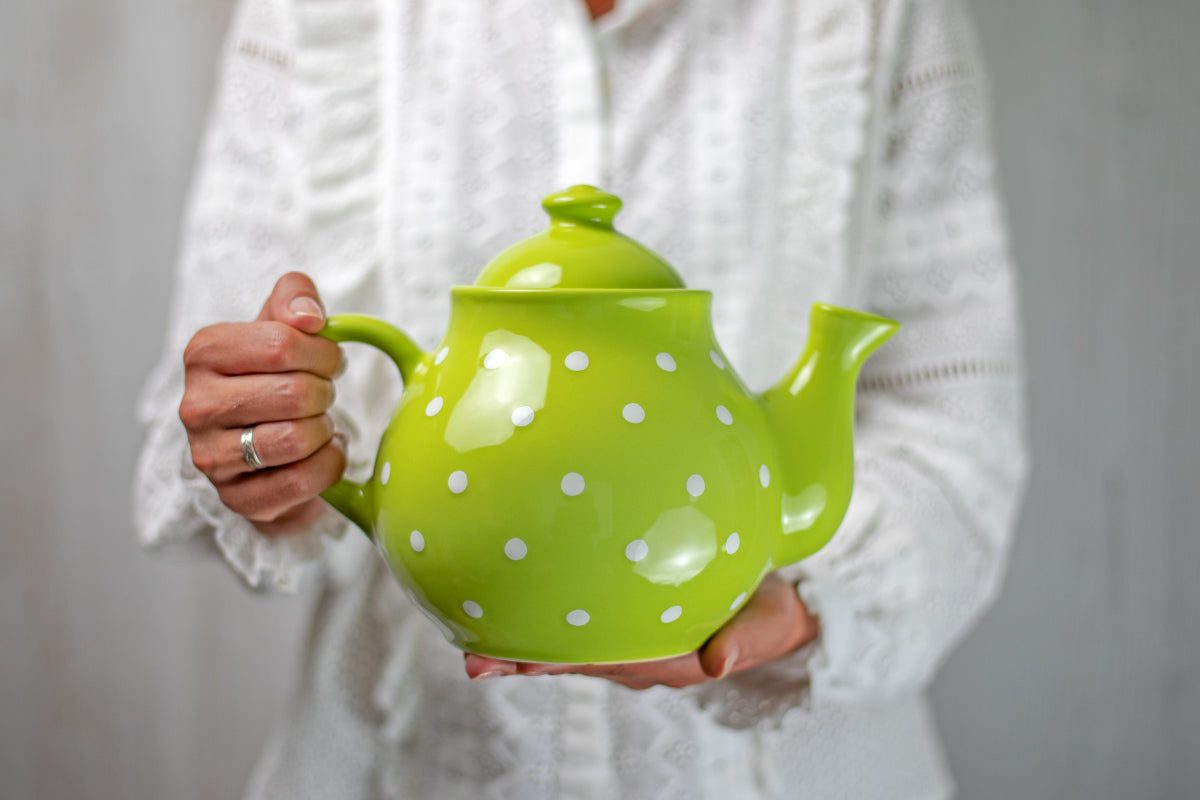 Lime Green And White Polka Dot Spotty Handmade Hand Painted Ceramic Large Teapot Milk Jug Sugar Bowl Set