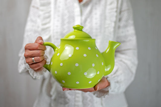 Lime Green And White Polka Dot Spotty Large Handmade Hand Painted Ceramic Teapot with Handle 60 oz / 1.7 l